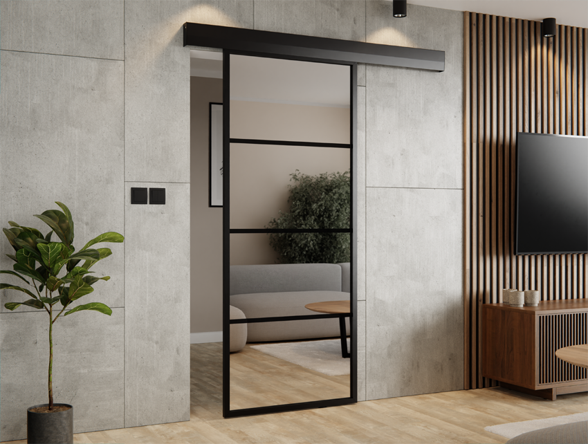 DRZWI PRZESUWNE SYSTEM ALUMINIUM CZARNE WYPEŁNIENIE LUSTRO SREBRNE (4 POLA) THOR