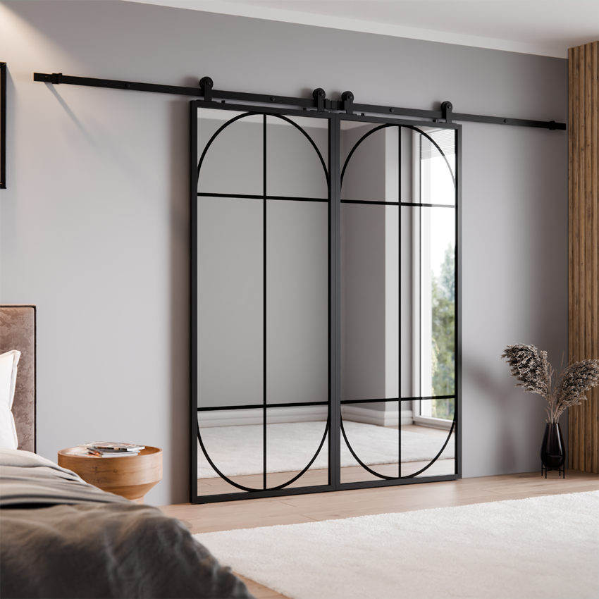 DRZWI PRZESUWNE PODWÓJNE ALUMINIUM LOFT LUSTRO SREBRNE ŁUK 1