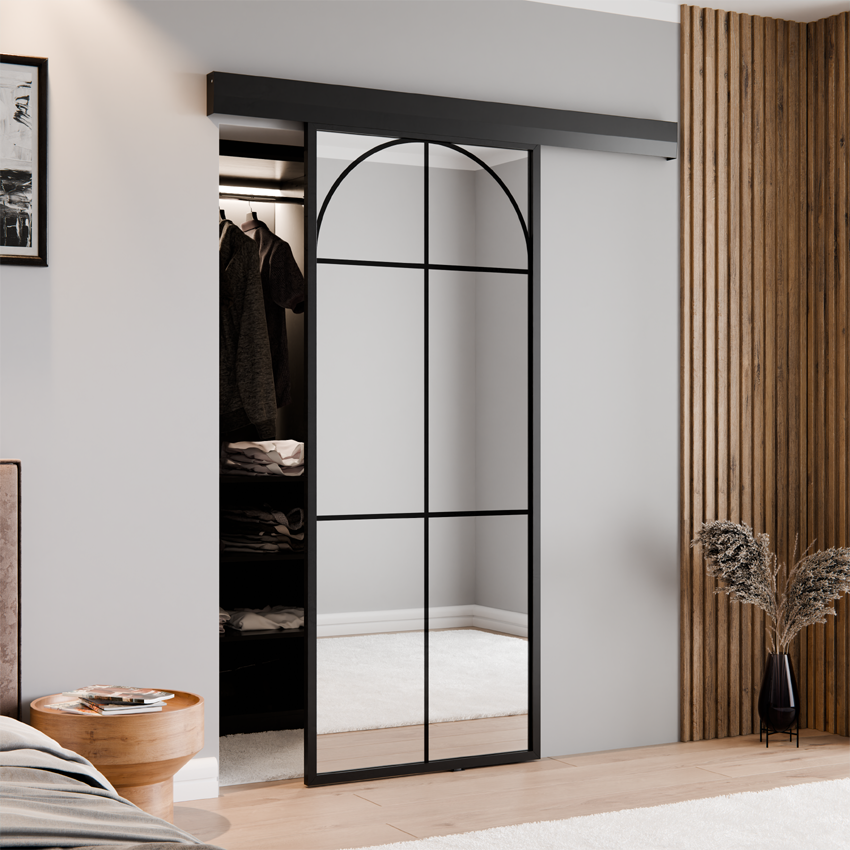 DRZWI PRZESUWNE ALUMINIUM CZARNE LUSTRO SREBRNE ŁUK 2 THOR