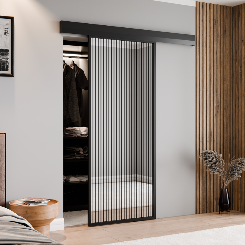 DRZWI PRZESUWNE SYSTEM ALUMINIUM CZARNE LUSTRO SREBRNE WĄSKIE LAMELE PASY