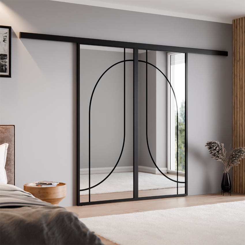 SCHIEBETÜR DOPPEL ALU SCHWARZ SPIEGEL SILBERBOGEN 4 LAGUNA