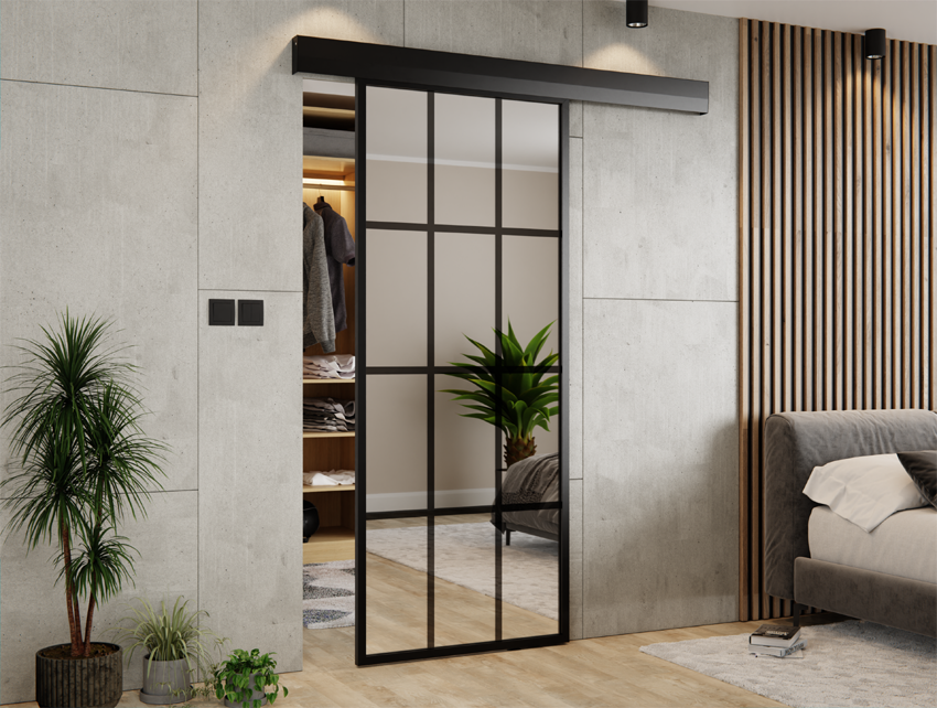 DRZWI PRZESUWNE SYSTEM ALUMINIUM CZARNE WYPEŁNIENIE LUSTRO SREBRNE (12 PÓL) THOR