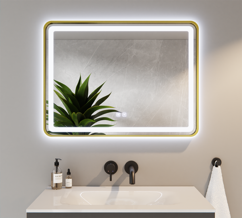 Abgerundete Hörner LED Tricolor Spiegel in Goldrahmen mit Heizmatte 60x80cm KEVIN