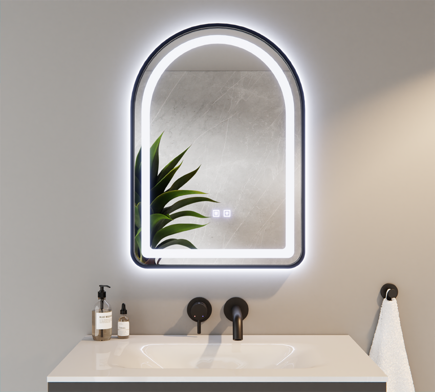 Lustro Półowalne LED Tricolor w Czarnej Ramie z Matą Grzewczą 50x70cm VANESSA