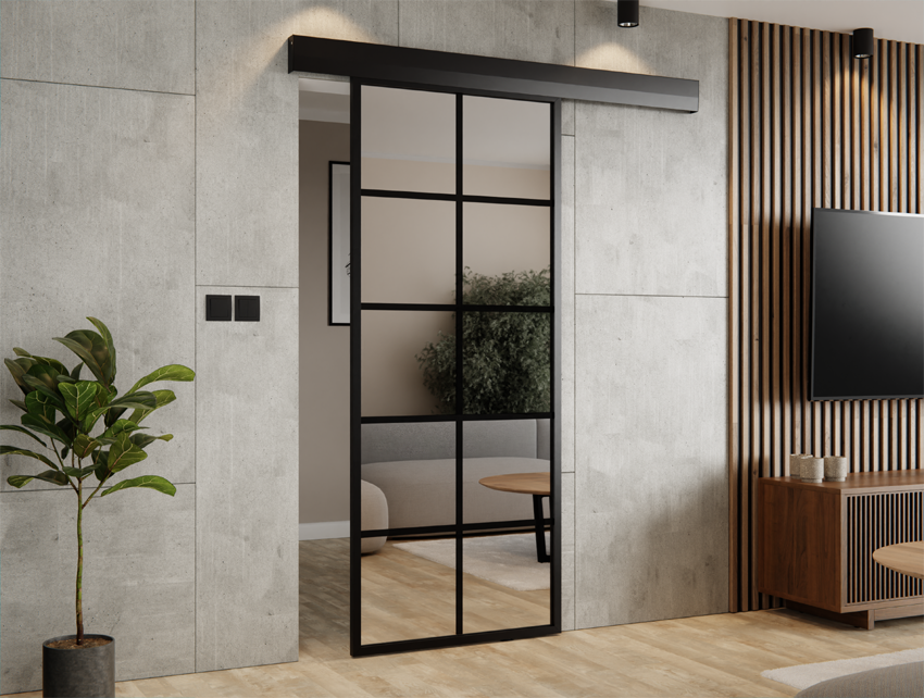 DRZWI PRZESUWNE SYSTEM ALUMINIUM CZARNE WYPEŁNIENIE LUSTRO SREBRNE (10 PÓL) THOR