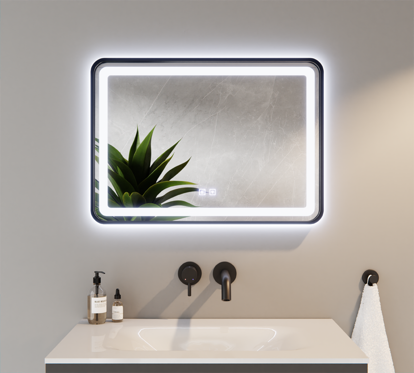 Lustro Zaokrąglone Rogi LED Tricolor w Czarnej Ramie z Matą Grzewczą 60x80cm KEVIN