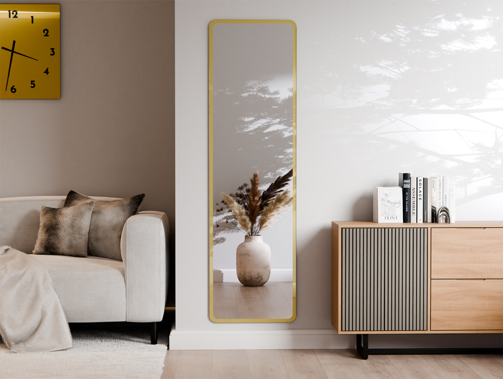 LUSTRO WISZĄCE ZAOKRĄGLONE ROGI WYPIASKOWANY WZÓR ZŁOTY 50X170 CM ZOFIA