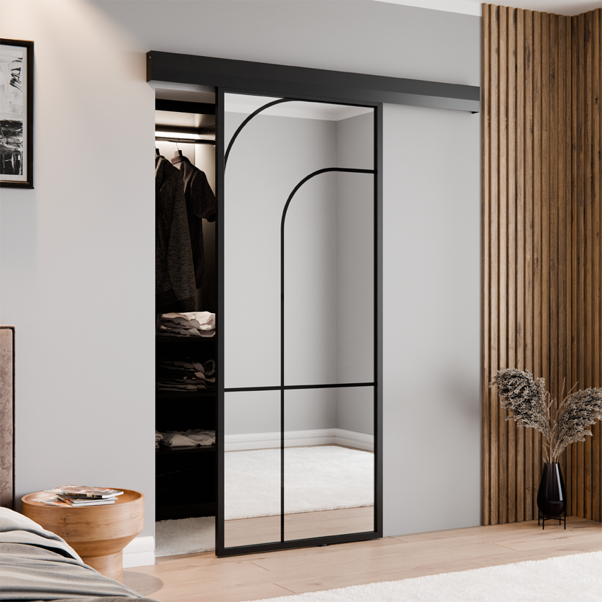 DRZWI PRZESUWNE ALUMINIUM CZARNE LUSTRO SREBRNE ŁUK 3 THOR