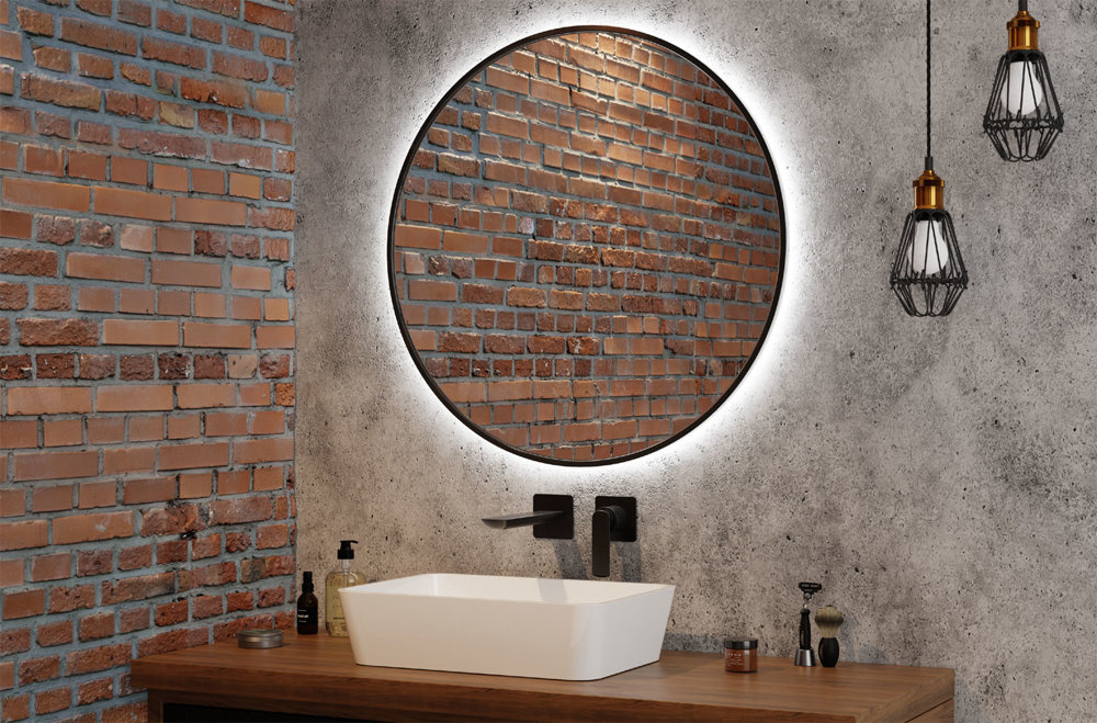 ♥ Runder Wandspiegel mit schwarzem Rahmen 60cm Beleuchtetes LED C.♥