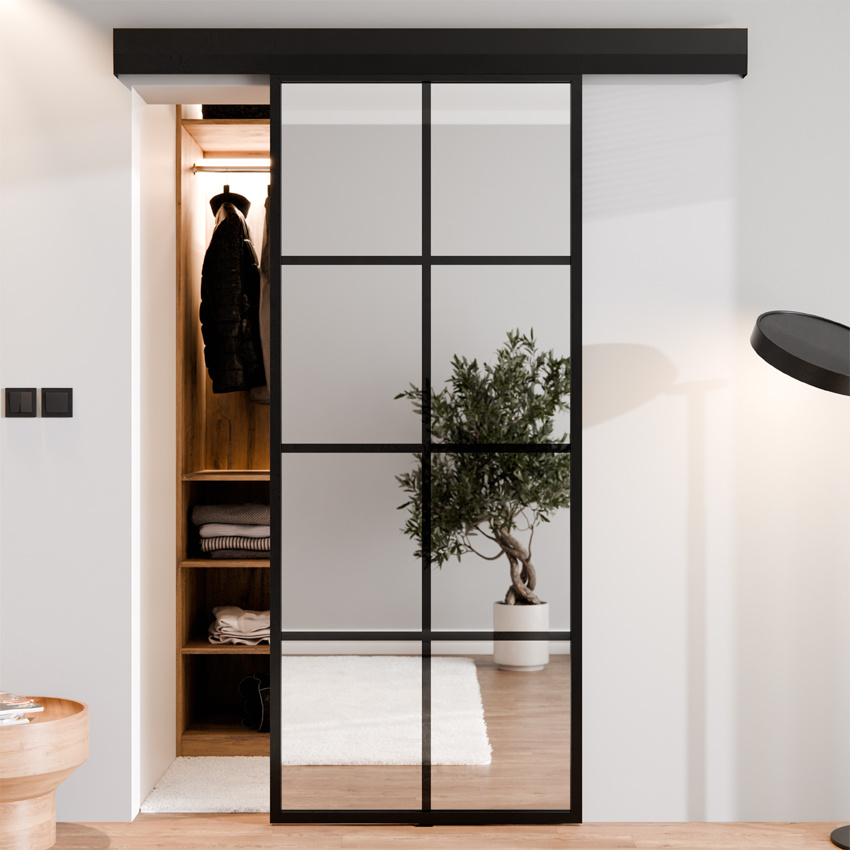 DRZWI PRZESUWNE SYSTEM ALUMINIUM CZARNE LUSTRO SREBRNE 8A THOR