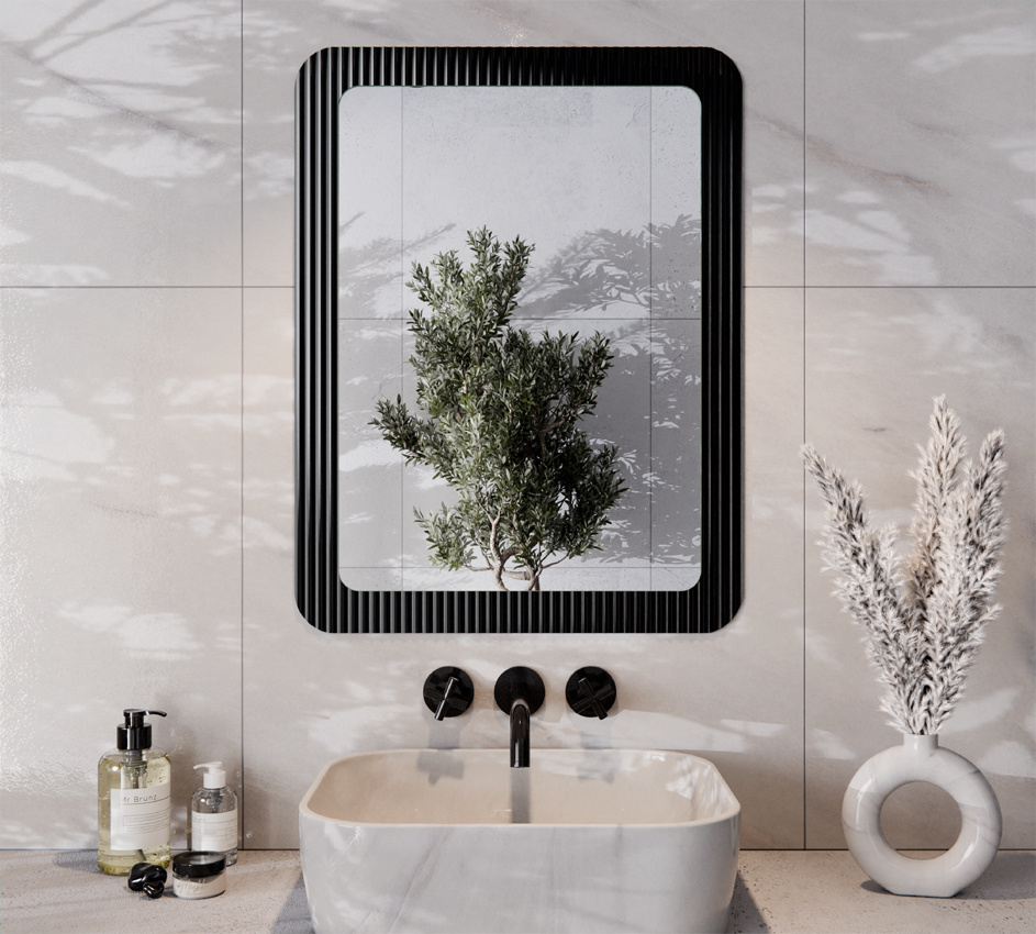 Lustro Prostokątne 60x80 cm Szkło Ornamentowe Czarne Flutez Zaokrąglone rogi RICK