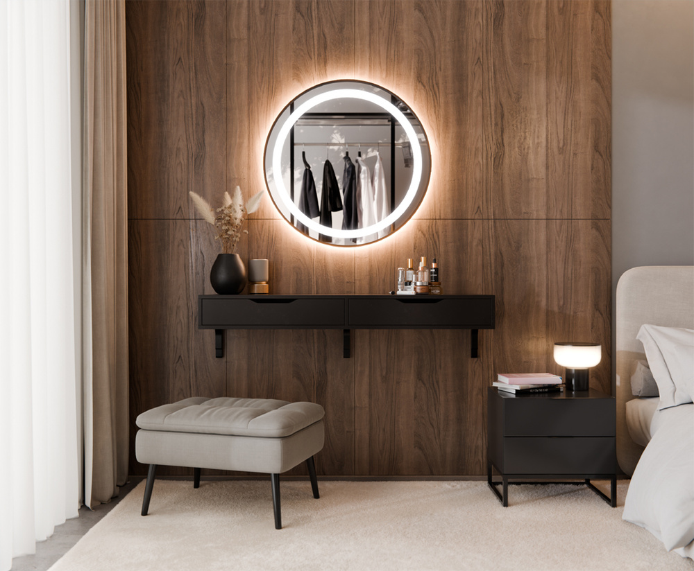 LUSTRO OKRĄGŁE W CZARNEJ ALUMINIOWEJ RAMIE WYPIASKOWANY WZÓR LED LUCY + ZEL