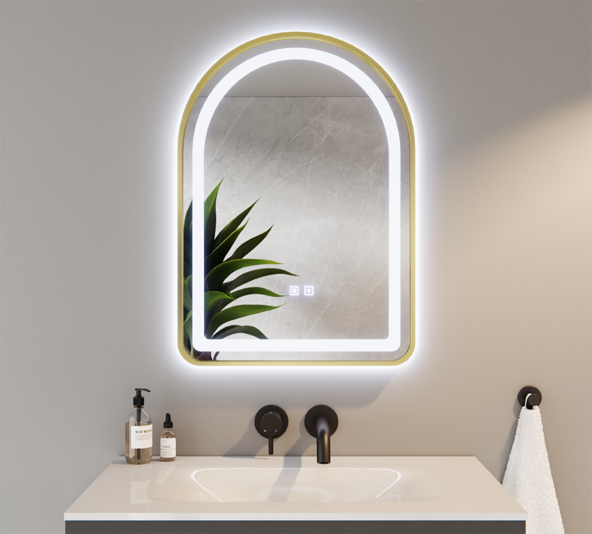 Lustro Półowalne LED Tricolor w Złotej Ramie z Matą Grzewczą 50x70cm VANESSA