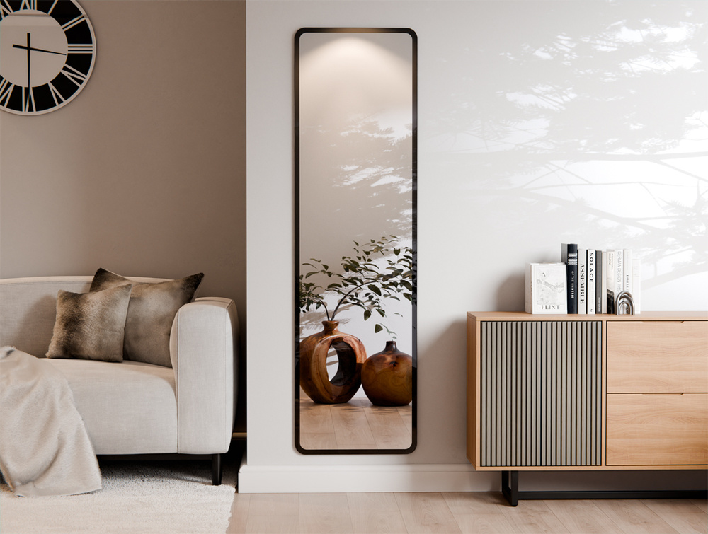 LUSTRO WISZĄCE ZAOKRĄGLONE ROGI WYPIASKOWANY WZÓR CZARNY 50X170 CM ZOFIA