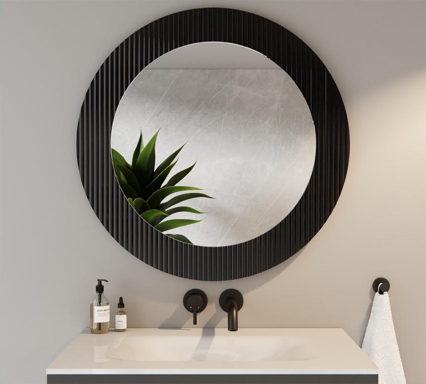 Silberner runder Spiegel 60cm Ornamentglas Schwarz Flutez 80cm ISMENA