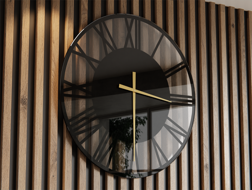 Zegar Rzymski Czarny B1 Lacobel Złote Wskazówki