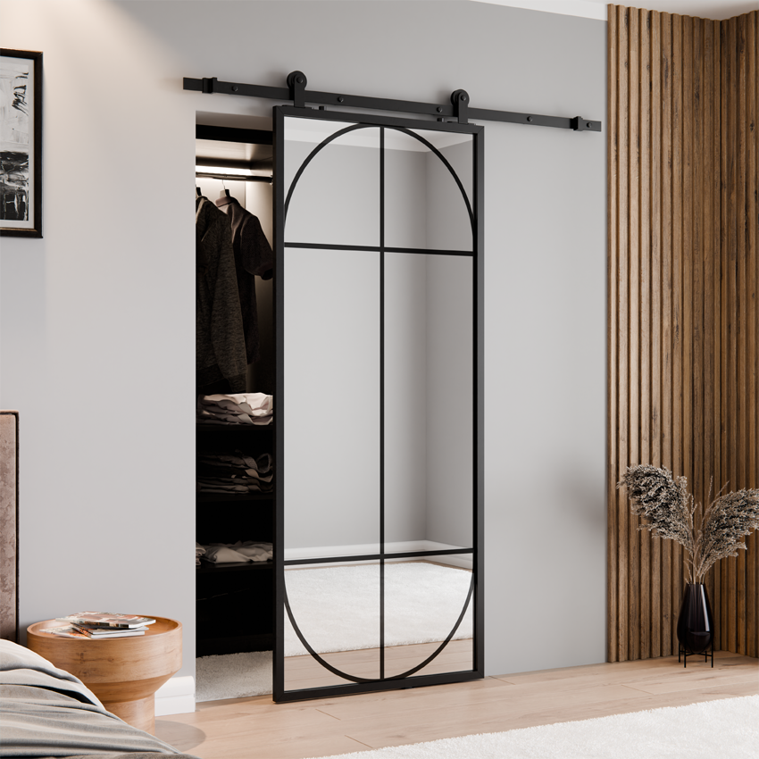 DRZWI PRZESUWNE BALDUR ALUMINIUM LOFT LUSTRO SREBRNE ŁUK 1