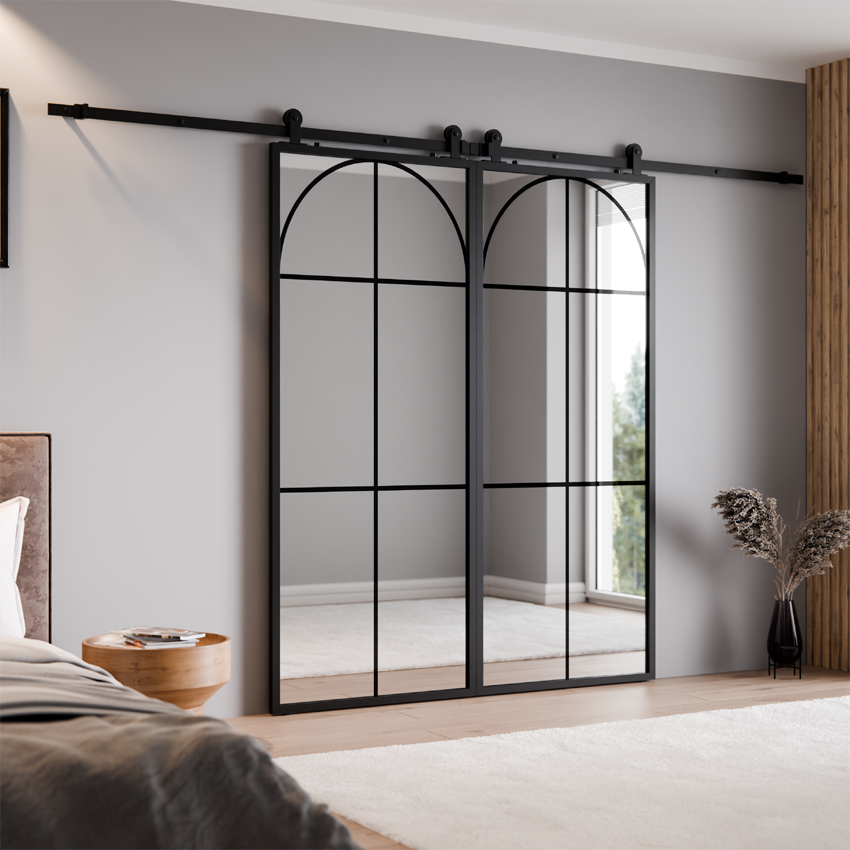 DRZWI PRZESUWNE PODWÓJNE ALUMINIUM LOFT LUSTRO SREBRNE ŁUK 2