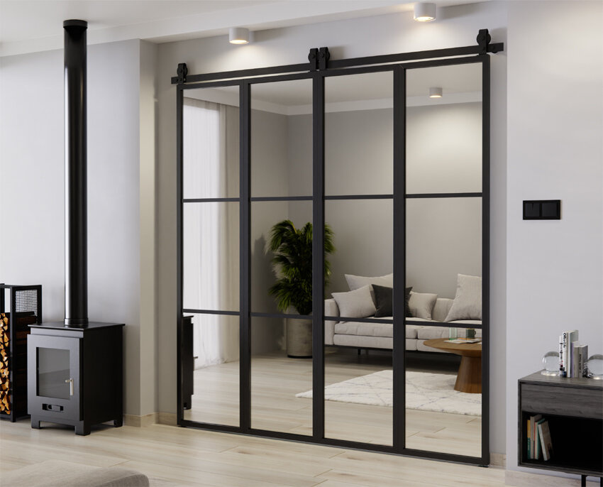 DRZWI PRZESUWNE HARMONIJKOWE PODWÓJNE ALUMINIUM LOFT LUSTRO 2x97