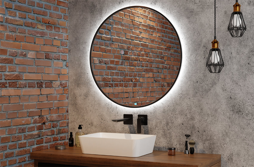 ♥ Lustro Okrągłe Ścienne Loft w Czarnej Ramie LED 50cm Włącznik Dotykowy ♥