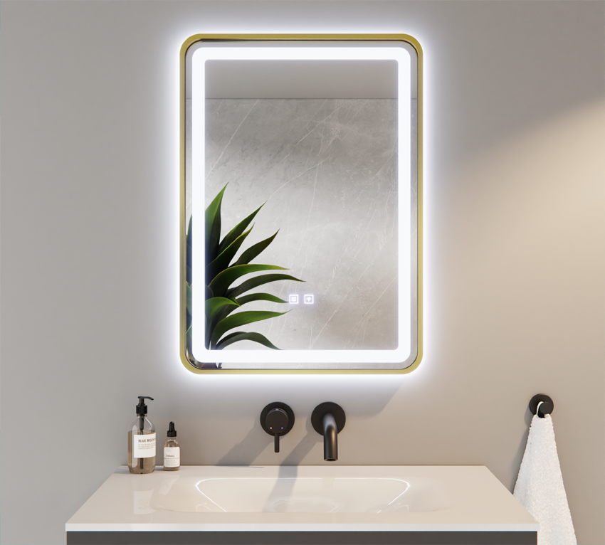 Lustro Zaokrąglone Rogi LED Tricolor w Złotej Ramie z Matą Grzewczą 50x70cm KEVIN