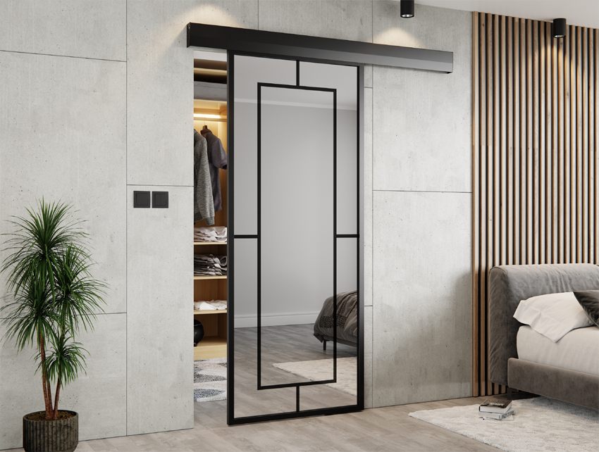 DRZWI PRZESUWNE SYSTEM ALUMINIUM CZARNE WYPEŁNIENIE LUSTRO SREBRNE 5C THOR