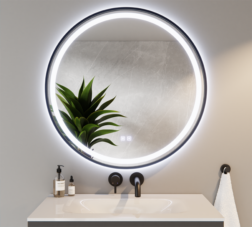 Lustro Okrągłe LED Tricolor w Czarnej Ramie z Matą Grzewczą 80CM KAJA