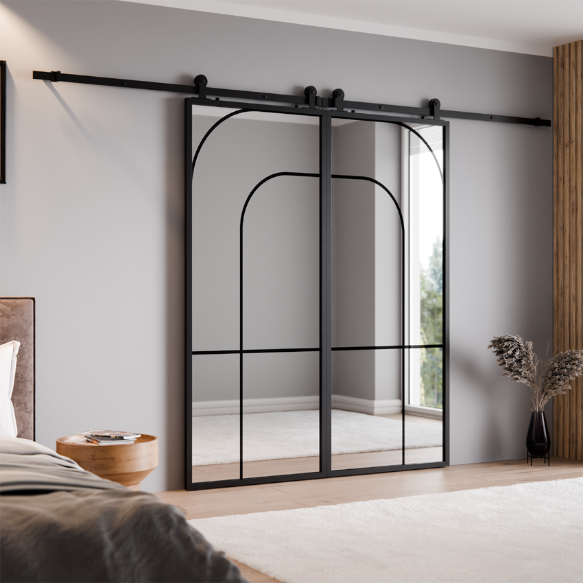 DRZWI PRZESUWNE PODWÓJNE ALUMINIUM LOFT LUSTRO SREBRNE ŁUK 3