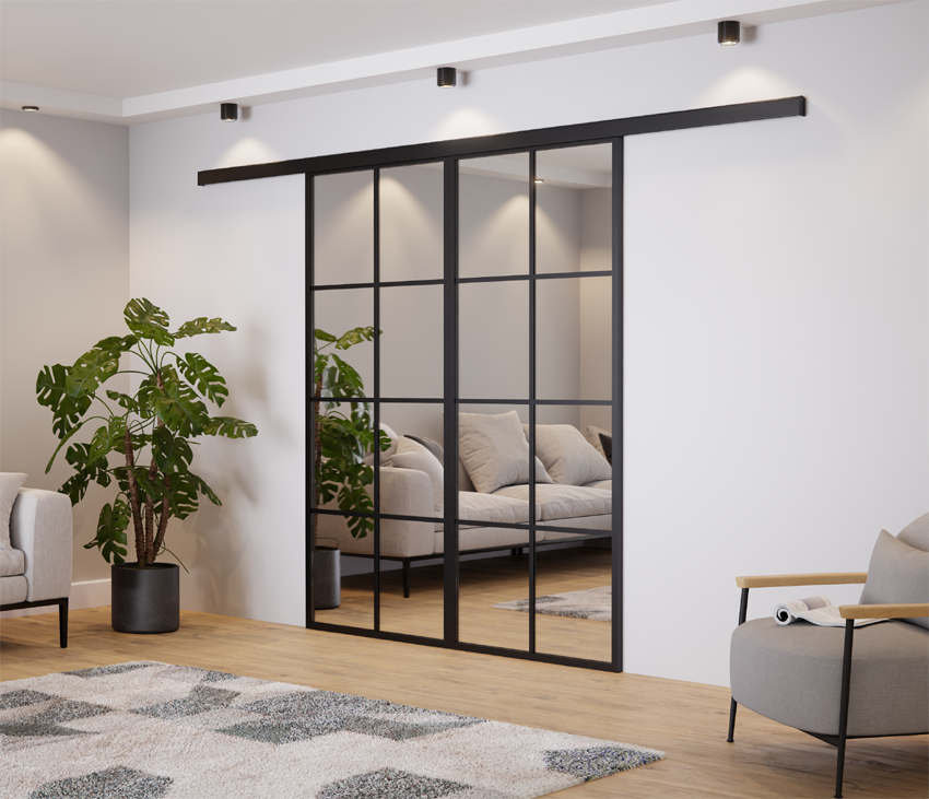 DRZWI PRZESUWNE PODWÓJNE NAŚCIENNE ALUMINIUM CZARNE WYPEŁNIENIE LUSTRO SREBRNE LAGUNA