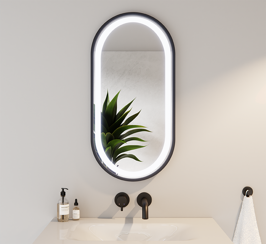 Ovaler LED-Spiegel mit schwarzem Rahmen OLIVIA