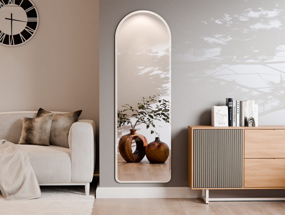 LUSTRO ŚCIENNE PÓŁOWALNE ZAOKRĄGLONE ROGI WYPIASKOWANY WZÓR BIAŁY 50X170 CM EWA