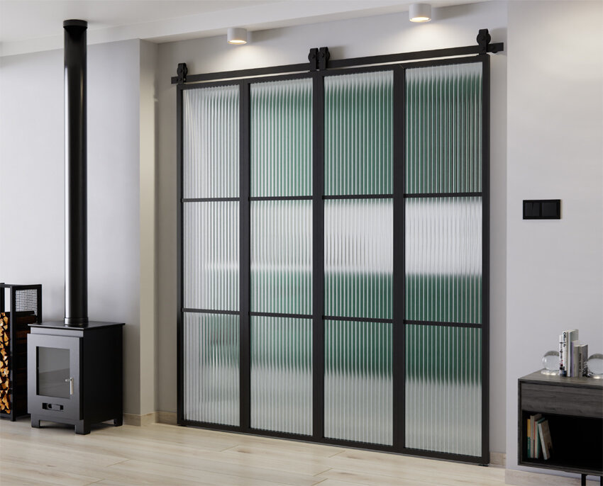 DRZWI PRZESUWNE HARMONIJKOWE PODWÓJNE ALUMINIUM LOFT FLUTEZ SZKŁO ORNAMENTOWE 2x97