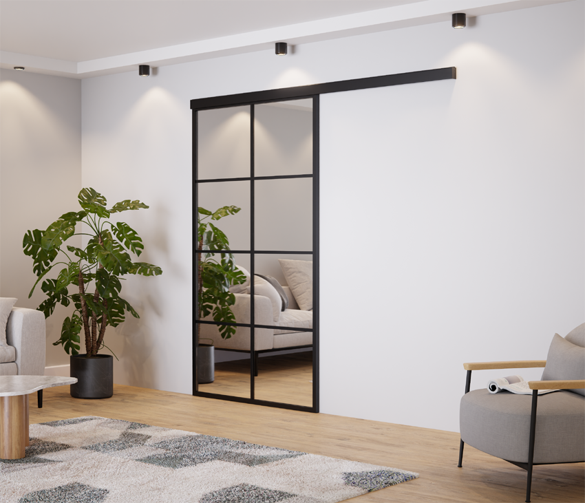 DRZWI PRZESUWNE POJEDYNCZE SZEROKIE NAŚCIENNE LUSTRO ALUMINIUM CZARNE LAGUNA