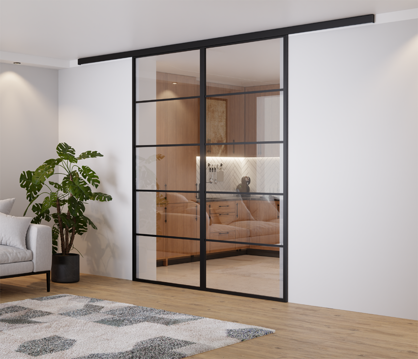 DRZWI PRZESUWNE PODWÓJNE ALUMINIUM CZARNE (Montaż do sufitu) LAGUNA