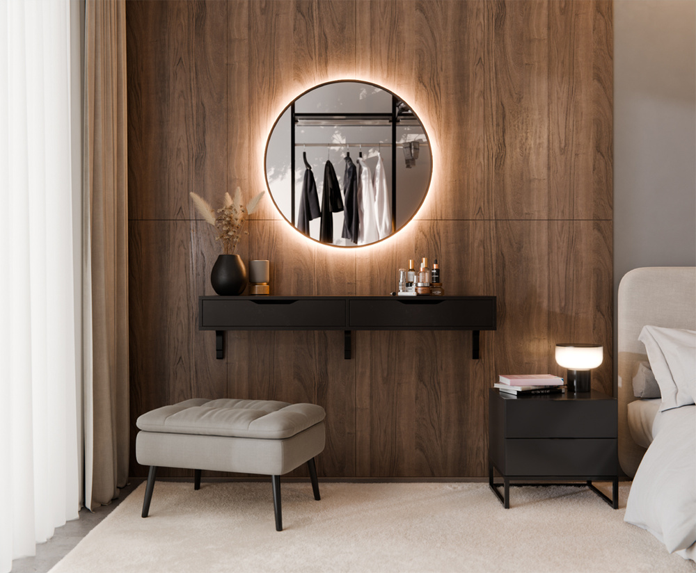 LUSTRO OKRĄGŁE ŚCIENNE W CZARNEJ ALUMINIOWEJ RAMIE LED TAYLOR