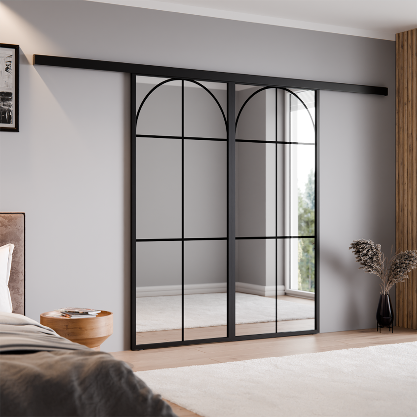 DRZWI PRZESUWNE PODWÓJNE ALUMINIUM CZARNE LUSTRO SREBRNE ŁUK 2 THOR