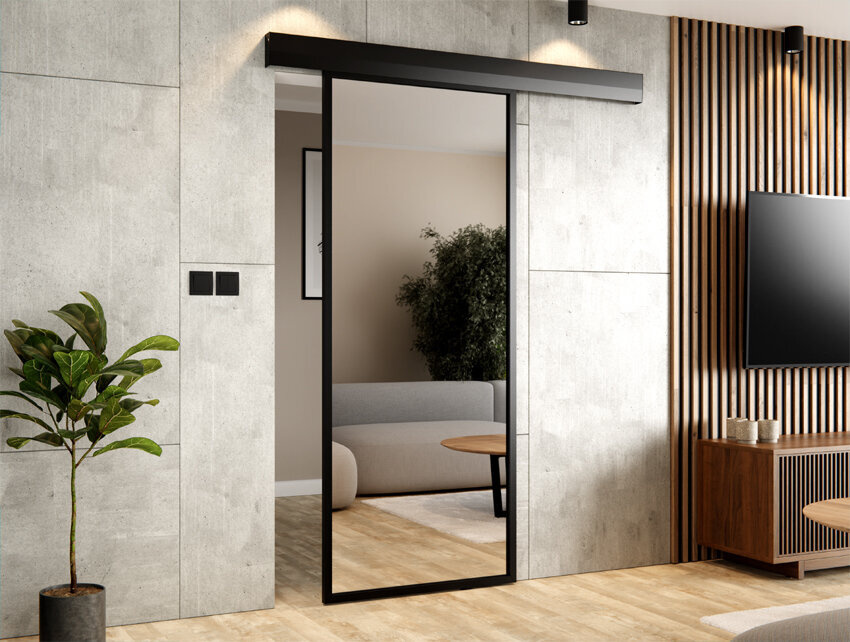 SCHIEBETÜRSYSTEM 65 ALUMINIUM SCHWARZ SPIEGELFÜLLUNG SILBER 3+3