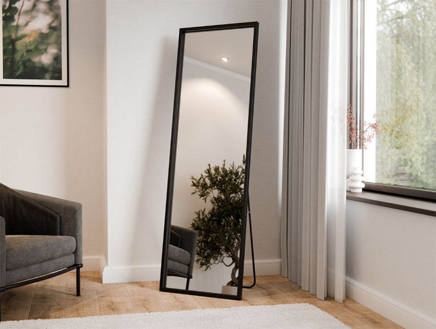 LUSTRO STOJĄCE PROSTOKĄTNE ALEKSANDRA W CZARNEJ ALUMINIOWEJ RAMIE 170X50