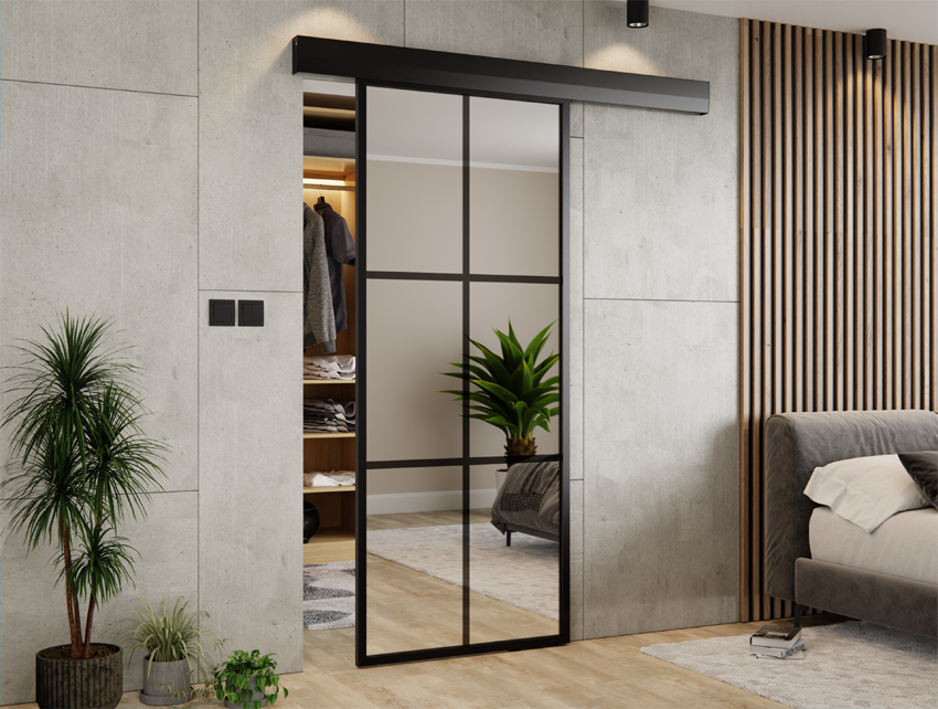 DRZWI PRZESUWNE SYSTEM ALUMINIUM CZARNE WYPEŁNIENIE LUSTRO SREBRNE (6 PÓL) THOR