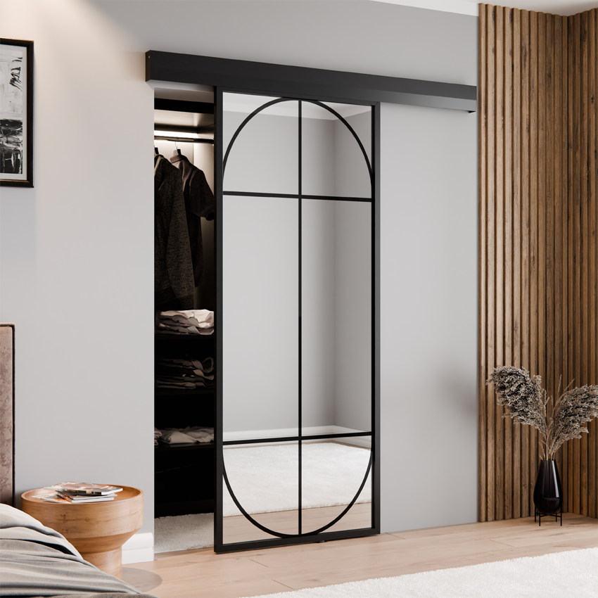 SCHIEBETÜR ALUMINIUM SCHWARZ SPIEGEL SILBERBOGEN 1