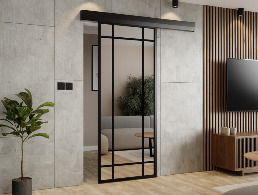 DRZWI PRZESUWNE SYSTEM ALUMINIUM CZARNE WYPEŁNIENIE LUSTRO SREBRNE (9 PÓL) THOR