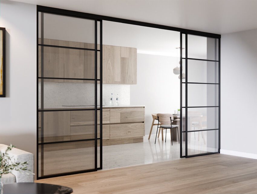 Ścianka Szklana Loft Szpros Profil Aluminiowy Czarny 2 Ścianka i 2 Skrzydło KOMPLET LAGUNA