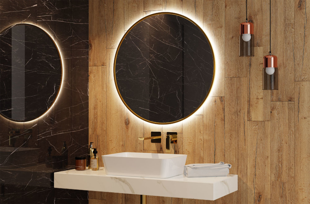 ♥ Lustro Okrągłe Ścienne w Złotej Ramie 60cm Podświetlone LED ♥