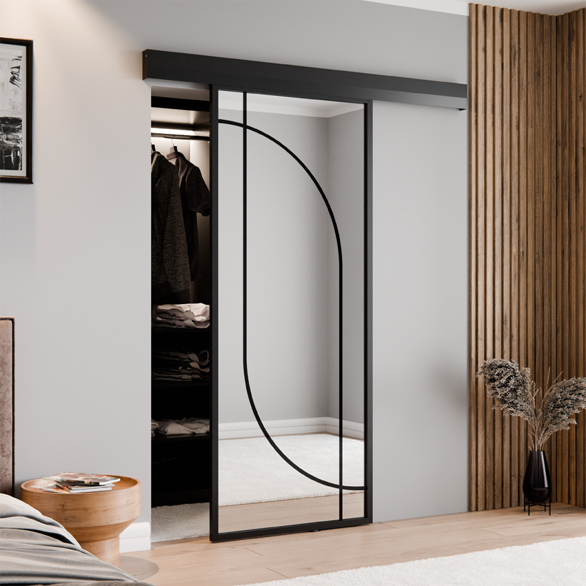 SCHIEBETÜR ALUMINIUM SCHWARZ SPIEGEL SILBERBOGEN 4