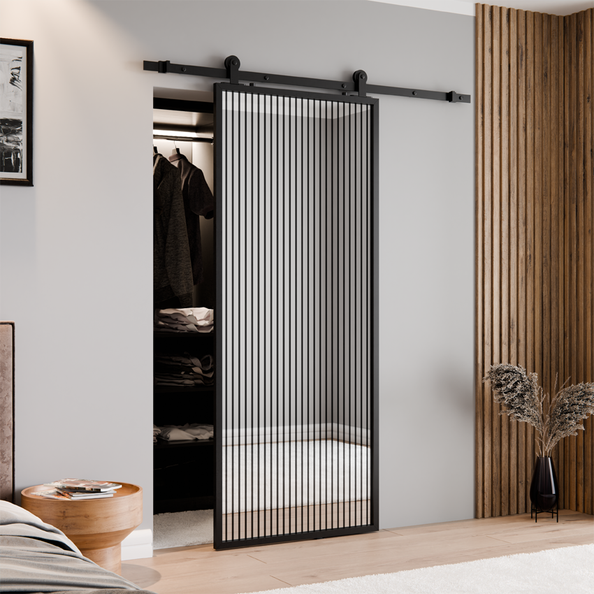 DRZWI PRZESUWNE BALDUR ALUMINIUM LOFT LUSTRO SREBRNE WĄSKIE LAMELE PASY