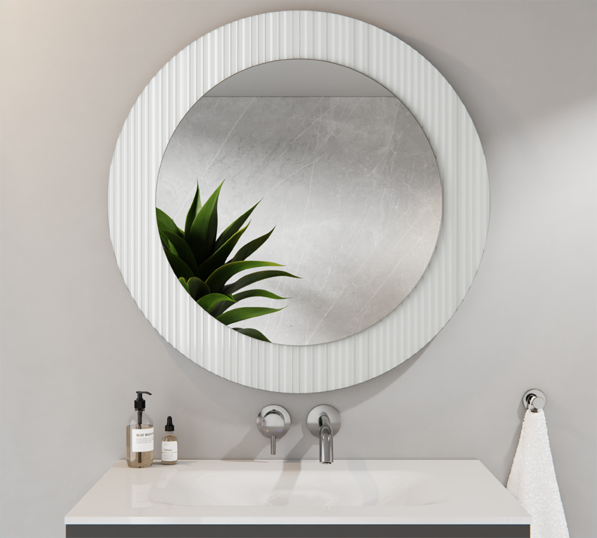 Lustro Okrągłe Srebrne 60cm Szkło Ornamentowe Białe Flutez 80cm ISMENA