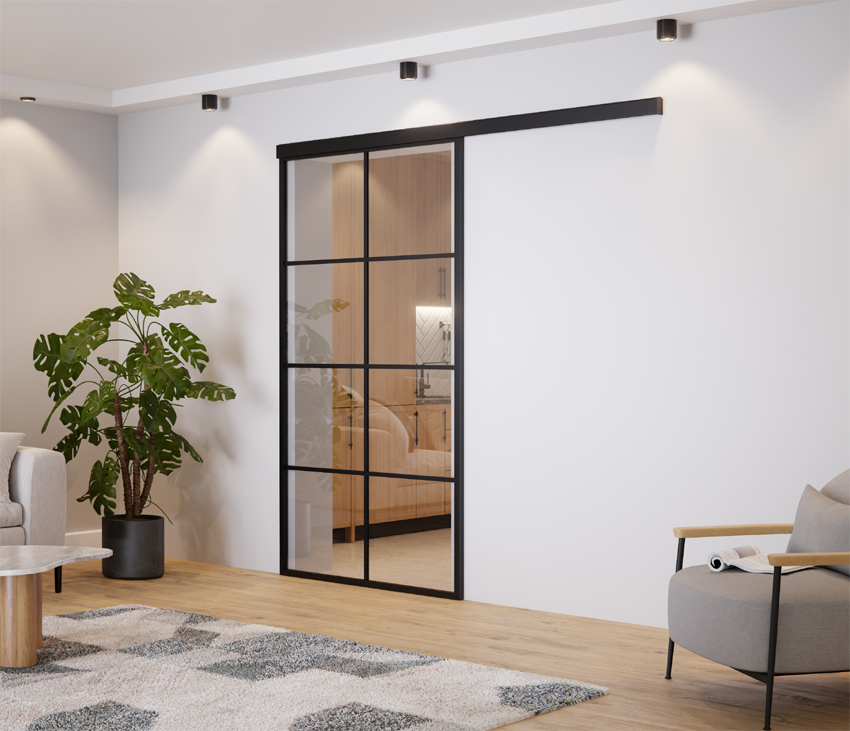 DRZWI PRZESUWNE POJEDYNCZE SZEROKIE NAŚCIENNE ALUMINIUM CZARNE LAGUNA