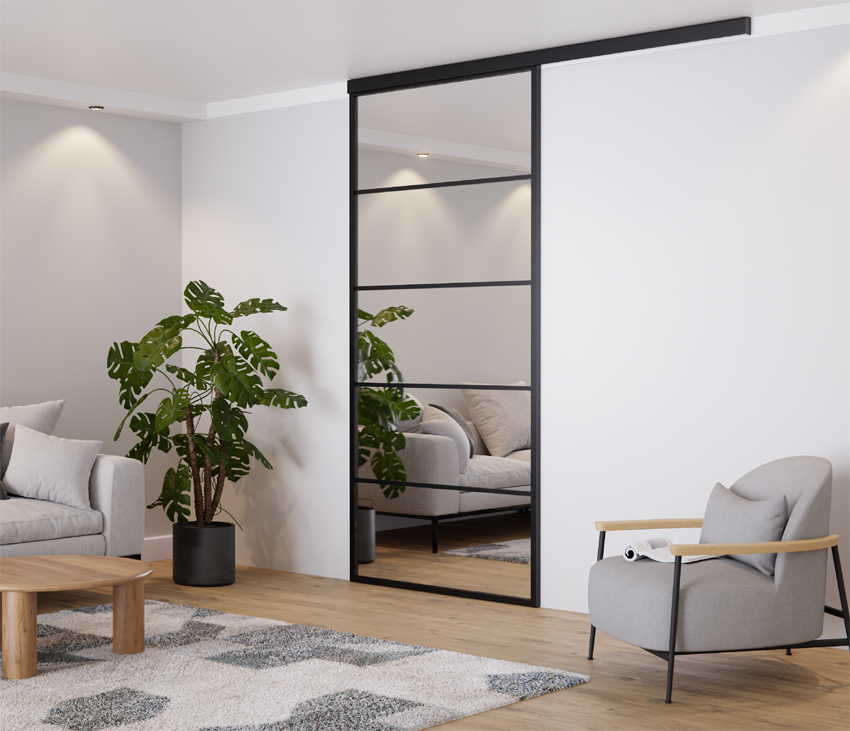 DRZWI PRZESUWNE POJEDYNCZE SZEROKIE LUSTRO ALUMINIUM CZARNE (Montaż do sufitu) LAGUNA