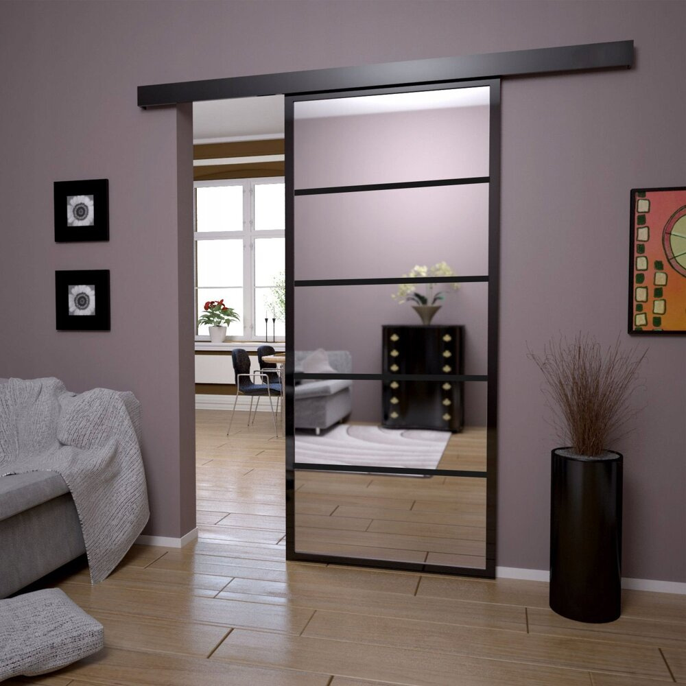 DRZWI PRZESUWNE SYSTEM ALUMINIUM CZARNE WYPEŁNIENIE LUSTRO SREBRNE (5 PÓL) THOR