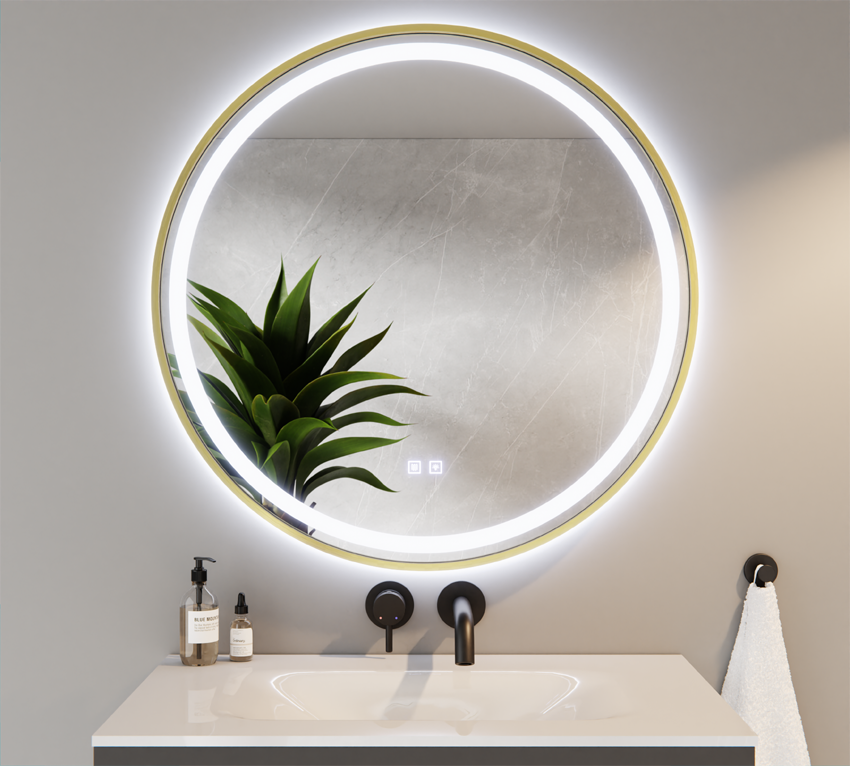 Lustro Okrągłe LED Tricolor w Złotej Ramie z Matą Grzewczą 70CM KAJA